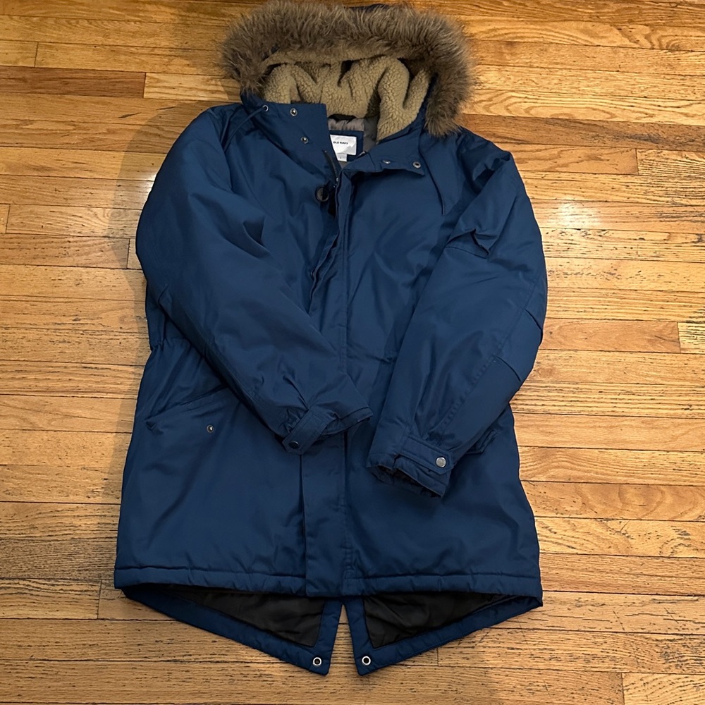Old Navy Navy Blue Puffer Coat with Faux Fur Trim